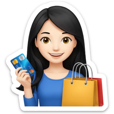 Girl with long black hair holding shopping bags and credit card sticker