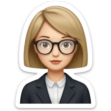 woman dark blonde petite bob haircut wears dark squarish glasses, classic clothes sticker