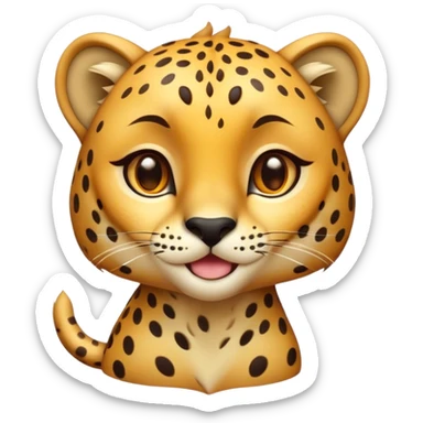 Cinematic Cute Cheetah Portrait Emoji, Head tilted playfully and inquisitively, featuring a glossy, golden spotted Fur with a natural sheen, round, sparkling amber eyes filled with curious mischief, Simplified yet irresistibly adorable features, highly detailed, glowing with a warm, friendly glow, high shine, affectionate and agile, stylized with a touch of savannah whimsy, bright and endearing, soft glowing outline, capturing the essence of a mischievous yet loving cheetah, so playful it feels like it could dash out of the screen and into your arms! sticker