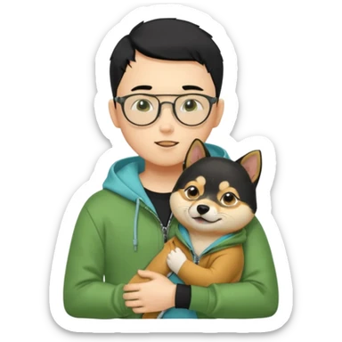 A yellow skin boy, black hair, buzzcut hairstyle, wearing tortoiseshell eyeglasses, green hoodie with zippers, light blue shirt inside, black trousers, black belt, hugging a very cute little black shiba inu sticker