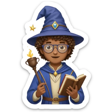 A Joyful Teen Male with Brown skin and Curly hair, wearing a Traditional outfit, a Wizard hat, Sunglasses, carrying a Spellbook, working as a farmer, while drinking Coffee and reading a Textbook. sticker