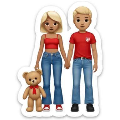 A boy and a girl teddy bear for the boy bear put on true religion shirt and jeans with black shoes and for the girl put flare jeans and a red tube top and white shoes just bears not the humans  sticker
