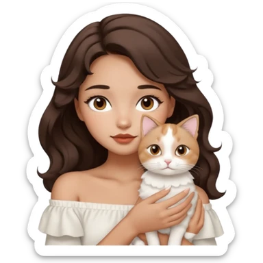 aesthetic girl with warm tan complexion, round face, off-shoulder wavy 2b hair, full lips, dark brown doe eyes, soft arched eyebrows, holding a white cat, minimalist style sticker
