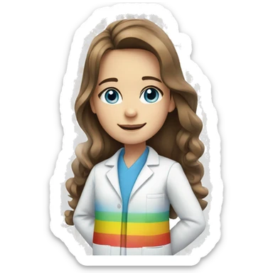 White young girl with long brown hair and blue eyes wearing a rainbow pharmacist coat sticker