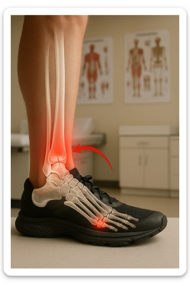 Realistic, vertical medical scene: a runner’s foot and lower leg are shown in profile, with a transparent overlay revealing a small stress fracture in the metatarsal bone. Red highlights and arrows indicate the area of pain and injury. The setting is a medical exam room, with anatomical charts in the background. sticker