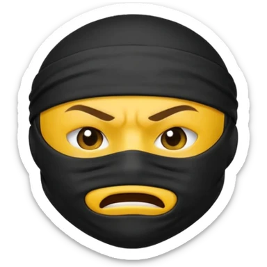 ninja face emoji with black mask fully covering mouth, standard yellow emoji face, black headband, very angry expression sticker
