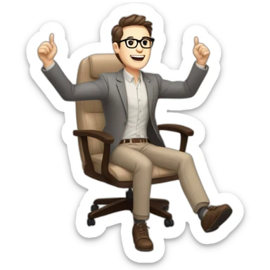 Joyful Celebrating victory Hands up Pale skinned Fit Man With dark brown hair in gray jacket, beige office shirt, Brown pants and vintage glasses sitting In a soft chair sticker