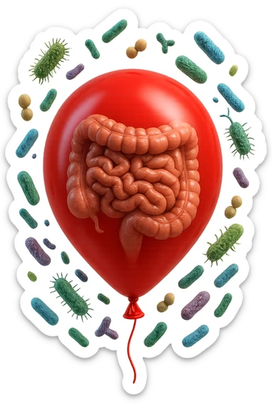 intestino umano anatomico chiuso in un palloncino rosso con batteri intestinali che fluttuano intorno, iperrealistico 4k sticker