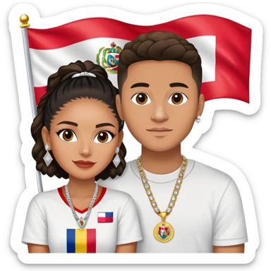 Internet celebrity Josh King Madrid jetset wearing shiny diamond earrings and sparkly iced out diamond tennis necklace chains with tefi valenzuela sitting with him holding Peruvian flag celebrity tv show filming  sticker