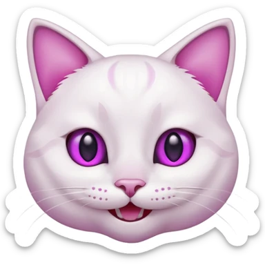 White cat happy smiling with teeth showing, light pink inner ears, magenta purple eyes, looks like discord's :smiley_cat: emoji sticker