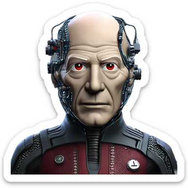 Jean luc picard from Star Trek assimilated by the Borg, with mechanical metal covering the left side of his face, with wires and a red light on the left side. His eyes are blue sticker
