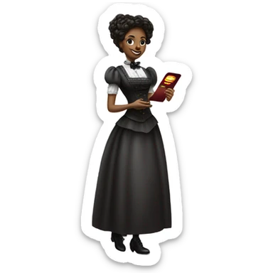 galora waitress in Victorian dress elegant, full body, holding big credit card sticker