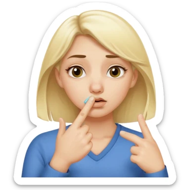 white blonde girl holding onto her nose with her index finger and thumb because something stinks  sticker