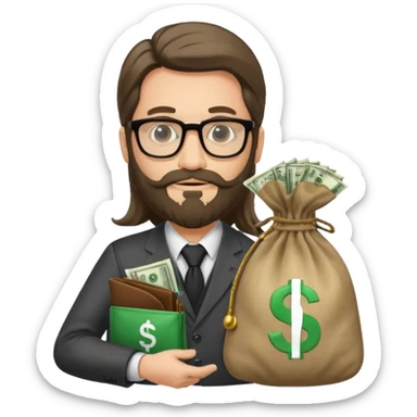 Un emprendedor (emoji con ordenador) de unos 50 años con barba y pelo largo más gafas de pasta y con un icono de ordenador y una bolsa de dinero sticker