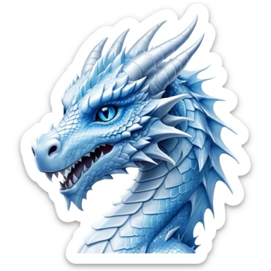 Cinematic Noble Beautiful Ice Dragon Portrait Emoji, Poised and majestic, with an ethereal, crystalline body adorned in intricately detailed scales of frosty blues and silvery whites reminiscent of glacial ice and delicate snowflakes, and piercing, cool eyes reflecting winter’s clarity; rendered with lifelike texture and subtle natural highlights, high shine, elegant and formidable, styled with an aura of chilling mythic beauty, focused and serene, soft glowing outline, capturing the essence of a legendary ice sovereign ready to glide gracefully out of the screen with timeless frosty allure! sticker
