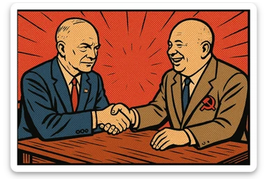 US President Eisenhower wearing a suit with a US badge on the chest shaking hands with Soviet leader Khrushchev wearing a communist party badge and smiling. They are sitting around a negotiating table. sticker
