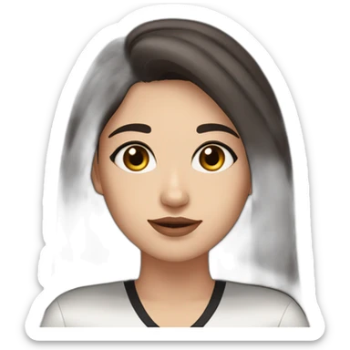 White women with long dark brown hair and long eyelashes dark brown eyes and thick dark brown eyebrows with the black dog with a white stripe on the neck and ears raised up sticker