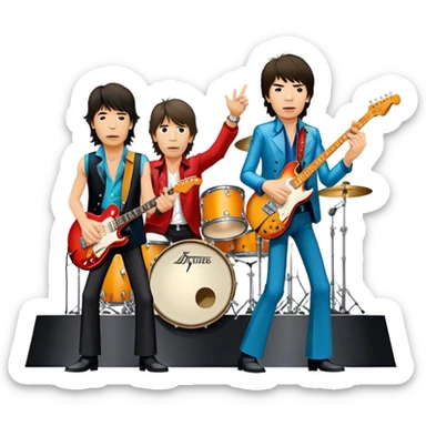 Icon for Rock Music: The Rolling Stones live on stage with Mick Jagger performing vocals, Keith Richards playing guitar, and Charlie Watts on drums. Iconic stage lights, electric guitars, and energetic crowd. Transparent background. sticker