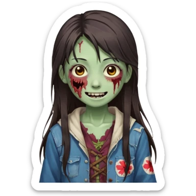 Japanese zombie girl smiling and long dark brown hair sticker
