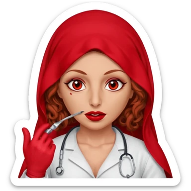 Lilith scalpel in hand, evil surgeon sexy surgeon clothes.  She has red eyes. She brown long curly hair. Wears sexy doctor outfit with red gloves.hair is free and brown  Wears red burka to hide her mouth and nose sticker