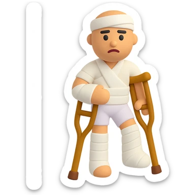 Add crutches and show more bandages on the injured man in the style of microsoft 3D fluent emojis. Keep the 3D emoji style with no background. sticker