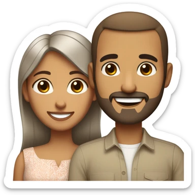 Brown-haired Puerto Rican woman with dark brown eyes wearing a cute blouse giving comforting hug to short, bald man with brown eyes, laugh lines, and a beard sticker