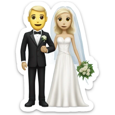 White humman man in a tuxedo, holding Alien reprilian woman in wedding dress, and one , hands getting married sticker