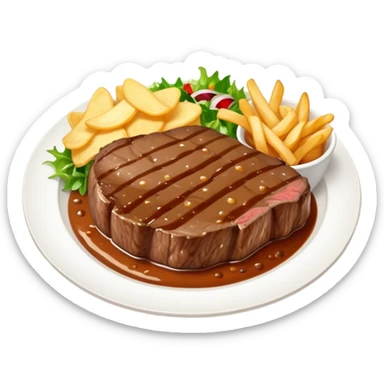 big juicy australian steak meal featuring chips, small salad in a ramiken and gravy  sticker