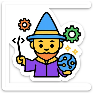 vector cute AI wizard character, surrounded by floating gears, holding a wand made of code, circuit orb with glowing automation sparks, modern and playful tech look sticker