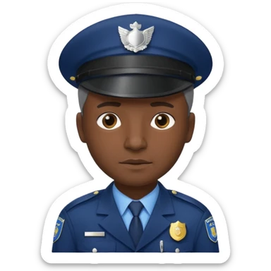 A dark-skinned man wearing a navy police hat with a silver badge, facing forward with a neutral expression. sticker