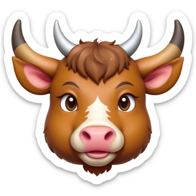 Cinematic Cute Domestic Ox Portrait Emoji, Head tilted playfully and inquisitively, with a robust, compact build and a polished hide adorned with subtle natural patterns, round, sparkling eyes full of gentle curiosity, Simplified yet irresistibly adorable features, highly detailed, glowing with a warm, friendly glow, high shine, affectionate and grounded, stylized with a touch of rustic charm, soft glowing outline, capturing the essence of a mischievous yet loving ox that feels like it could amble out of the screen into your arms! sticker