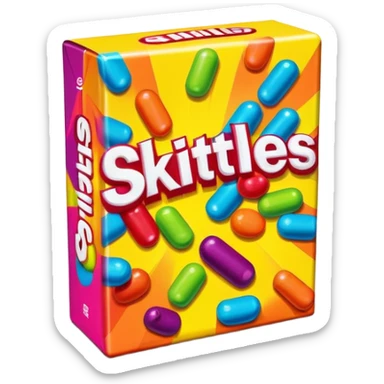 A vintage 90s Skittles package with neon accents, radical 90s American style, old school logo, bright and colorful sticker