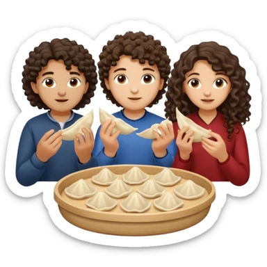 Can you create an emoji of three 23 year olds eating dumplings. One boy with wavy curly hair and one Jewish girl with long dark brown curly hair and one half Indian / half white girl with mid length dark brown hair. All brown eyes sticker