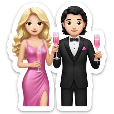 A couple, the woman with blonde long wavy hair and pink tight sparkly dress and the man with a black suit with black hair celebrating with pink champagne sticker