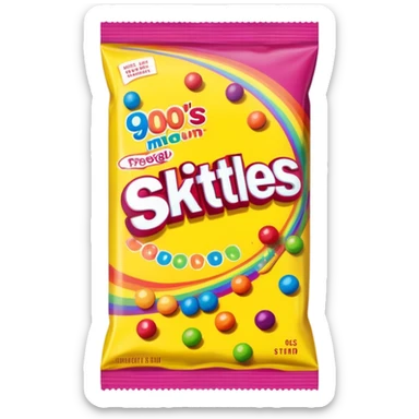 A 90s American Skittles candy package with bold colors, retro design elements, original 90s packaging with bright rainbow colors sticker