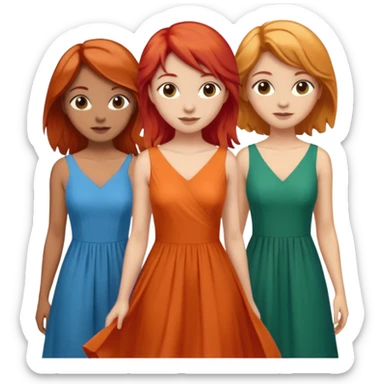 Can you create an image of 3 friends together one with red bright hair light skin one the other with brown hair with some blonde highlights in the hair fair skin the last one with light brown a tint of orange hair with flowy dresses sticker