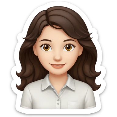 A White girl with wavy and dark hair, light brown eyes and a white shirt smiling sticker