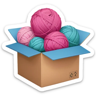 cardboard box with toys, ball of yarn, pink sticker