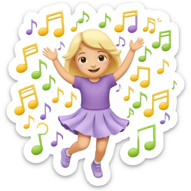 Flat illustration emoji of a small child dancing or moving joyfully to music, musical notes floating around, smiling expression, soft pastel colors (yellow, lavender, light green), rounded shapes, minimal details, child-friendly, warm and playful style sticker