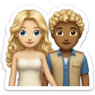 blonde girl with tan skin and blue eyes holding hands with tan boy with long curly brown hair sticker