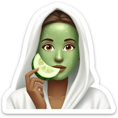 Girl with freackles Brown hair white skin and blue eyes wears Green colored texture skin care mask all over her face while She relaxes and puts two round piece of cucumber on her closed eyes In a white Robe sticker