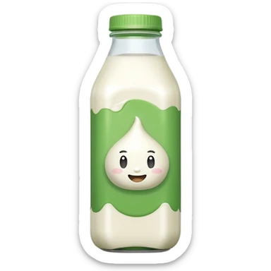 A 3D cartoon bottle of plant-based milk identical to dairy milk, small green tint or leaf mark, Memoji-style. sticker