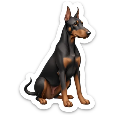 cinematic-[doberman]-realistic-full-body-sitting-emoji,-tail-resting-loosely-beside-its-paws,-head-tilted-dramatically, -sleek-[black and tan]-fur,-simplified-yet-realistic-focused-features,-highly-detailed,-glowing-with-an-almost-sarcastic-glow sticker