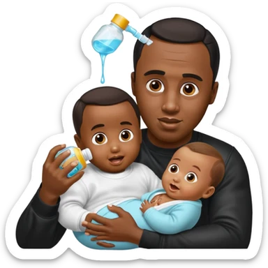 Sean “Diddy” Combs with baby oil and a very small infant and he’s pouring the baby oil on the baby and they have a scared face they’re really scared while diddy is happy sticker