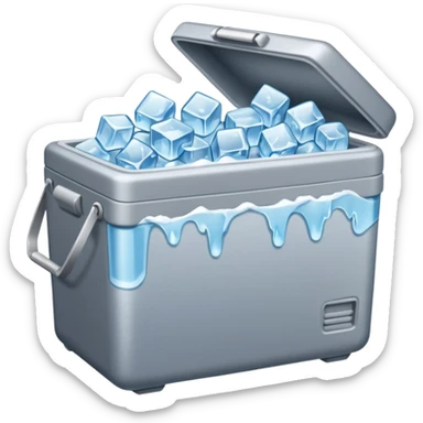 An open gray cooler getting dumped out with a bunch of ice spilling out sticker