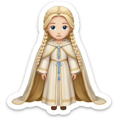 Joven de unos 20 años, de aspecto dulce y elegante.
Piel clara, ojos (pueden ser azules o verdes)
Rubio o castaño claro, largo, con trenzas o velo.
Vestido largo de tonos suaves (blanco, azul o lavanda), con bordados dorados; un manto o toca fina cubriendo la cabeza. Haz todo el cuerpo sticker