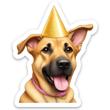German shepherd tan Pitt bull floppy ears mixed dog wearing birthday hat sticker