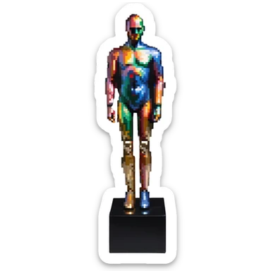 A paintbrush transforming into a metallic human silhouette sculpture, with museum-like display pedestal, symbol of artistic identity sticker