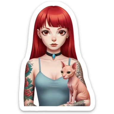 “A girl with long straight red hair and straight bangs, tattoos on her body, and a Sphynx sticker