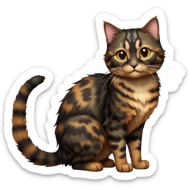 cinematic-[tortoiseshell tabby cat]-realistic-full-body-sitting-emoji,-tail-curled-playfully-around-its-paws,-head-tilted-dramatically,-scruffy-[dark black tortoiseshell coloured]-fur,-simplified-yet-realistic-focused-features,-highly-detailed,-glowing-with-an-almost-sarcastic-glow sticker